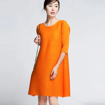 

Changpleat 2018 spring loose women Dress Miyak Pleated Fashion Design solid large size O-neck 3/4 Sleeve Female Mini Dresses D9