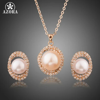 

AZORA Imitation Pearl Surround with Clear Cubic Zirconia Gold Color Pendant Necklace and Drop Earrings Jewelry Sets TG0225