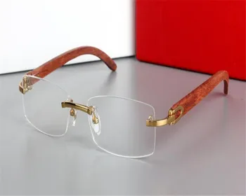 

MONGOTEN Business Men Fashion Alloy Retro Wooden Temple Rimless Clear Lens Optical Eyewear Frame Silver Gold Myopia Eyeglasses