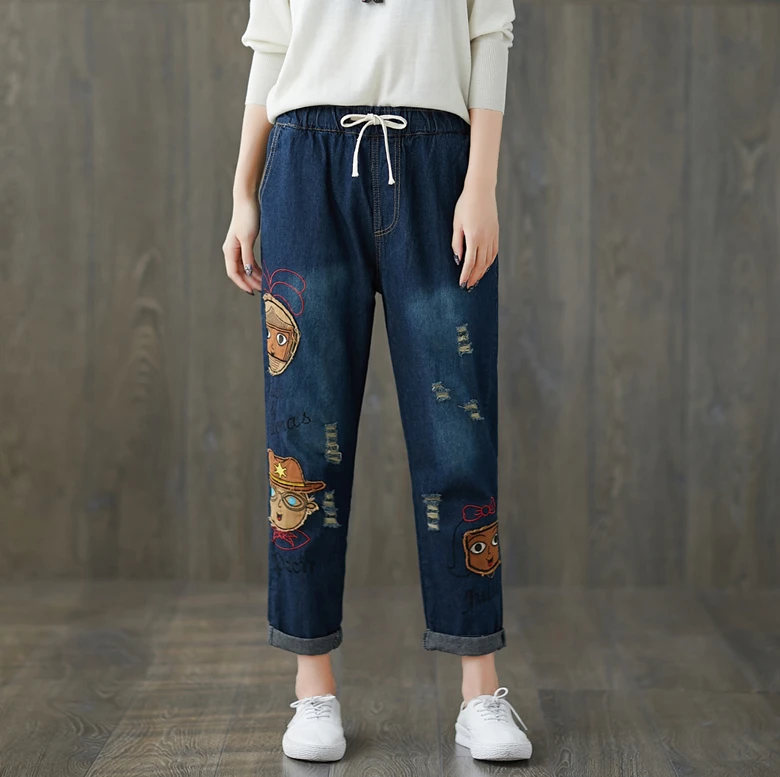 

Casual Harajuku Hippie Boho Cartoon Patchwork Elastic Waist Cotton Blue Denim Harem Ripped Jeans Pants Spring Women Trousers
