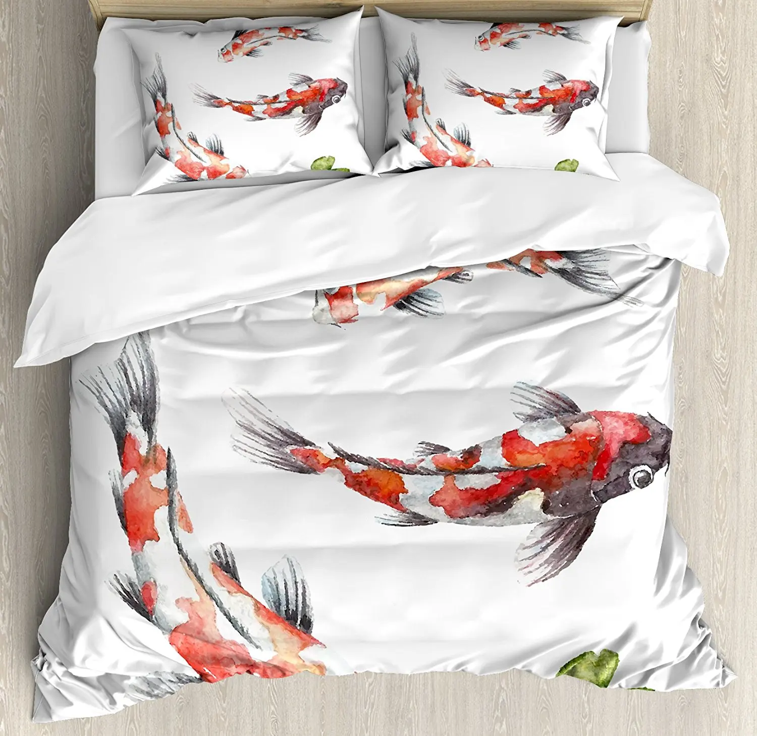 Koi Fish Duvet Cover Set Hand Drawn Watercolored Red Carps with a Leaf