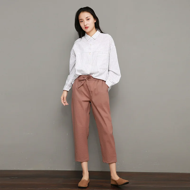 

2019 summer new women's pants Korean version of the high waist was thin carrot pants loose tie nine pants BONJEAN