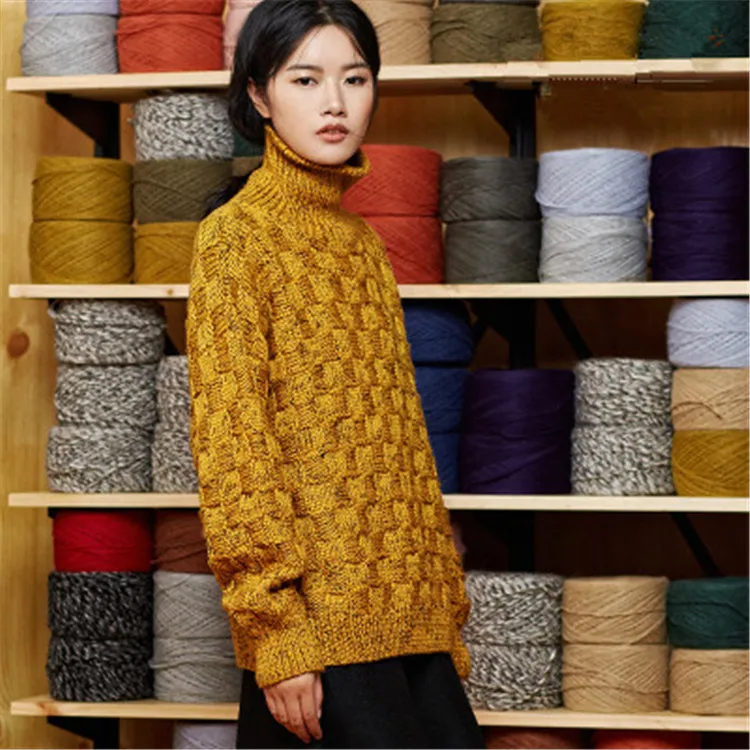  100%hand made pure wool turtleneck thick knit women streetwear loose H-straight pullover sweater on