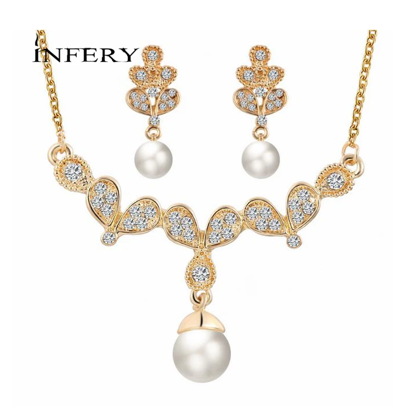 Elegant Fashion Inlaid Crystal Jewelry Sets Imitation Pearl Earrings