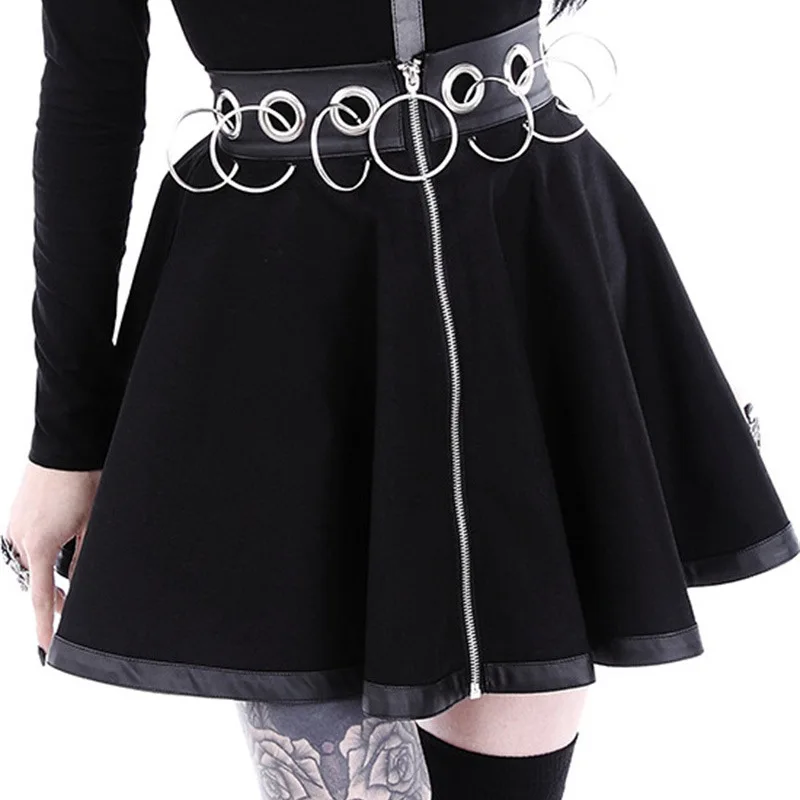 

Sequined Rings Gothic Pleated Women Skirt Black Patchwork PU Elastic Waist+Hem Hollow Out Front Zipper Mini Short Summer Skirt