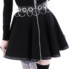 Sequined Rings Gothic Pleated Women Skirt Black Patchwork PU Elastic Waist+Hem Hollow Out Front Zipper Mini Short Summer Skirt