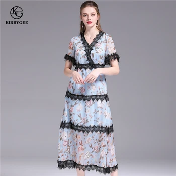 

KirbyGee Blue Floral Embroidered Mesh Dress Elegant Chiffon Flower Print Lace Patchwork Dress V Neck Women Midi Sundress Summer