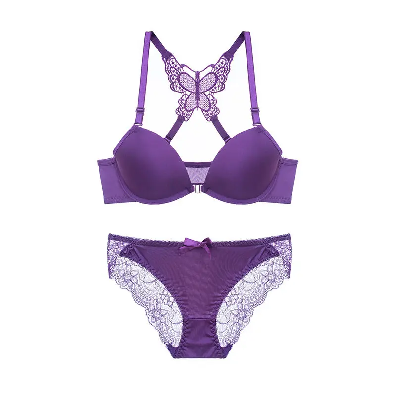 Бюстгальтер пуш-ап с закрытым передом, сексуальный комплект с бюстгальтером на косточках для женщин, однотонное женское нижнее белье, трусы - Цвет: Purple set