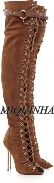 Newest lace up women shoes over-the-knee thin high heel thigh high boots peep toe metal button fashion hot selling footwear