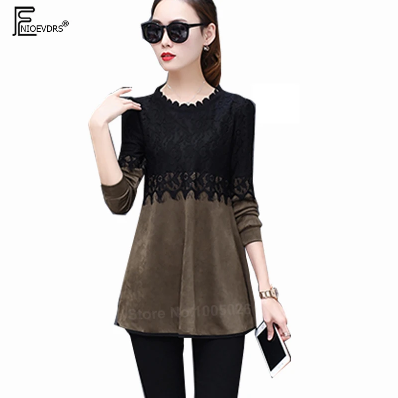 

Long Tops 4XL Women Fashion Autumn Winter Basic Long Shirts Blouses Elegant Lady Patchwork Hollow Out Crochet Black Lace Blouse