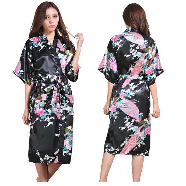 Винтаж японский Для женщин шелковые свадебные кимоно гейши Павлин Blossom Ночная Пижама 9 цветов - Цвет: black