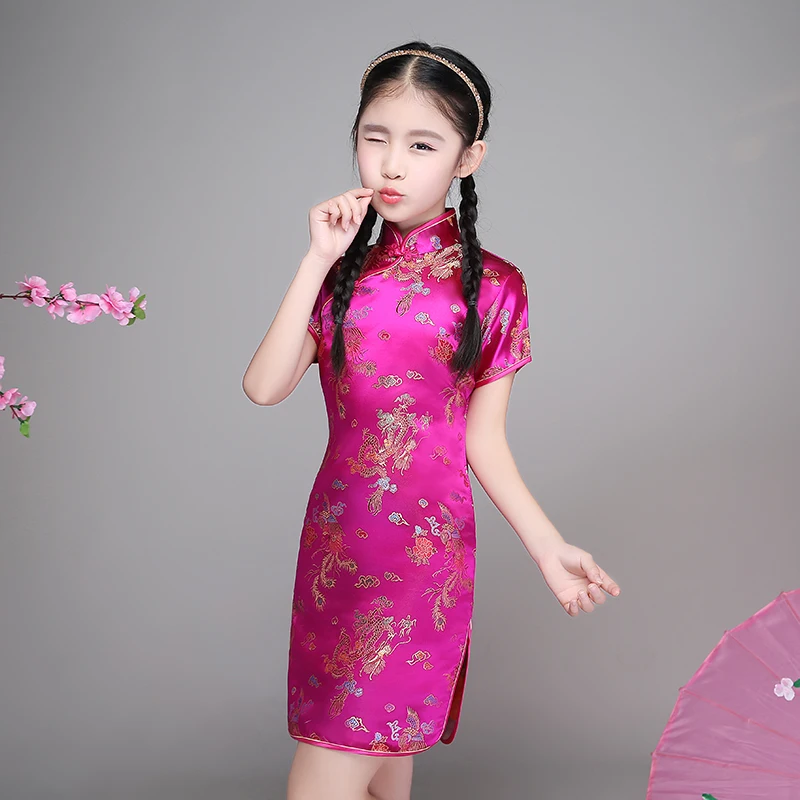 

Lovely Girls Cheong-sam Chinese Traditional Kid Dragon Phoenix Dress Summer Dresses Children Perform Qipao gift