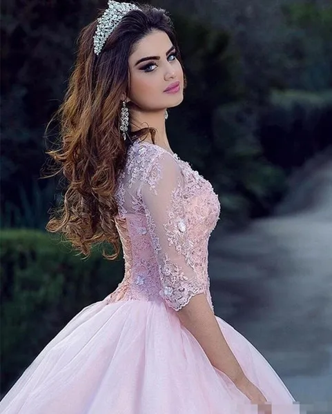 Modest-Pink-Ball-Gown-Quinceanera-Dresses-3-4-Long-Sleeves-Saudi-Arabic-Tulle-Corset-Sweet-16 (1)