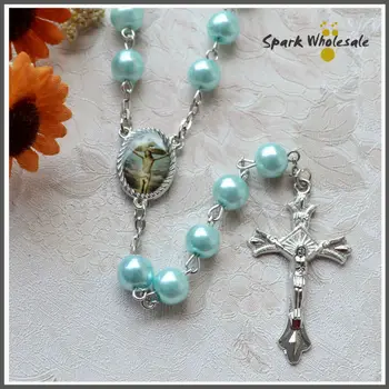 

12pcs/lot Catholic Boy's Baptism Favors Blue Glass Pearl Rosary Necklace Saint Images Cross Rosary Baby's Communion Favors