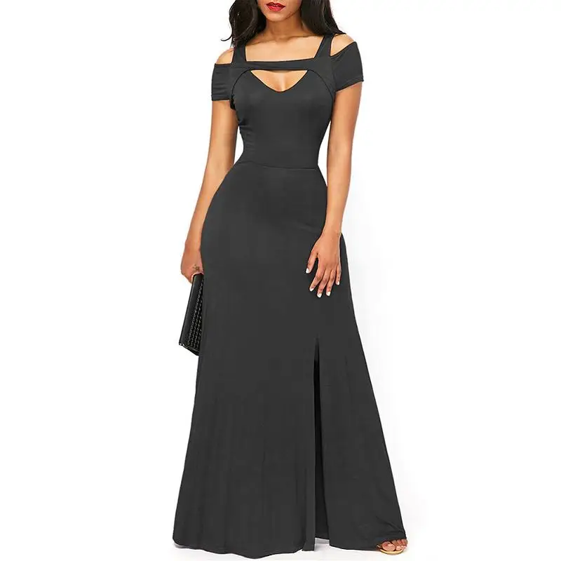SEBOWEL 2017 Autumn Cold Shoulder Vintage Maxi Dress Women Elegant Floor Long Party Dress High Split Flare Dresses (2)