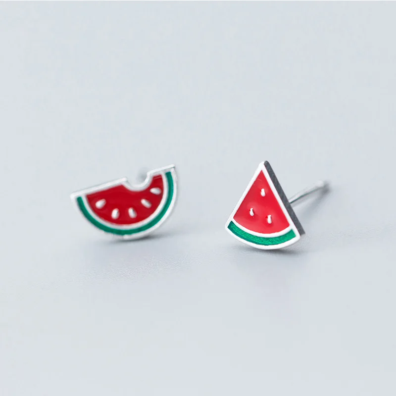

925 Sterling Silver Stud Earrings for Women Red Fruit Watermelon Irregular Small Silver Earring for Kid Girl Fashion Jewelry