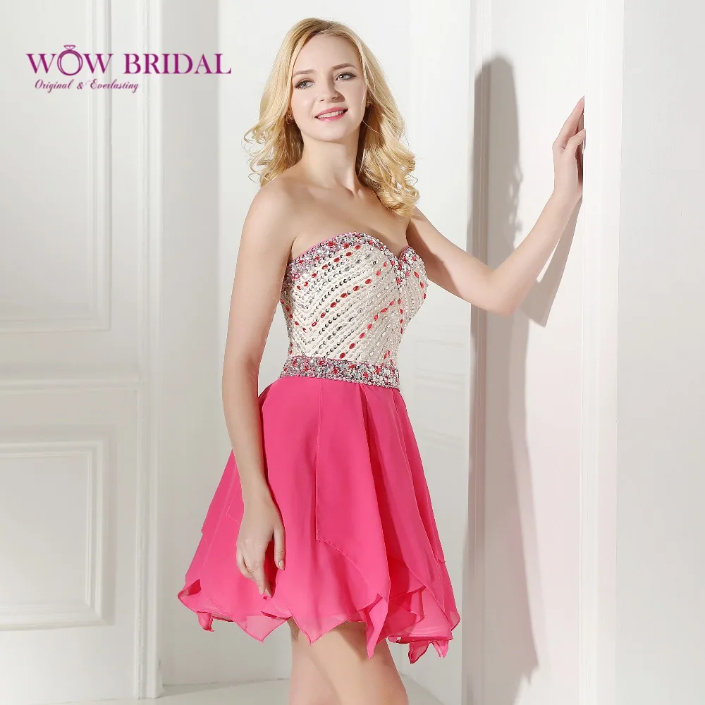

Wowbridal Pink and Green Short Homecoming Dresses 2016 Backless Zipper Beaded Open Back Chiffon 8th Grade Prom Dresses