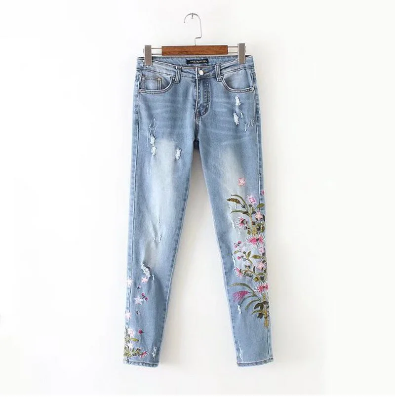 Skinny Jeans Woman New Daisy Leaves Embroidery Denim -in Jeans from ...