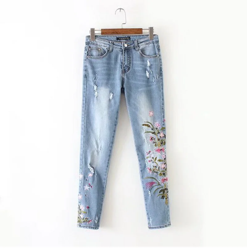 

Skinny Jeans Woman New Daisy Leaves Embroidery Denim