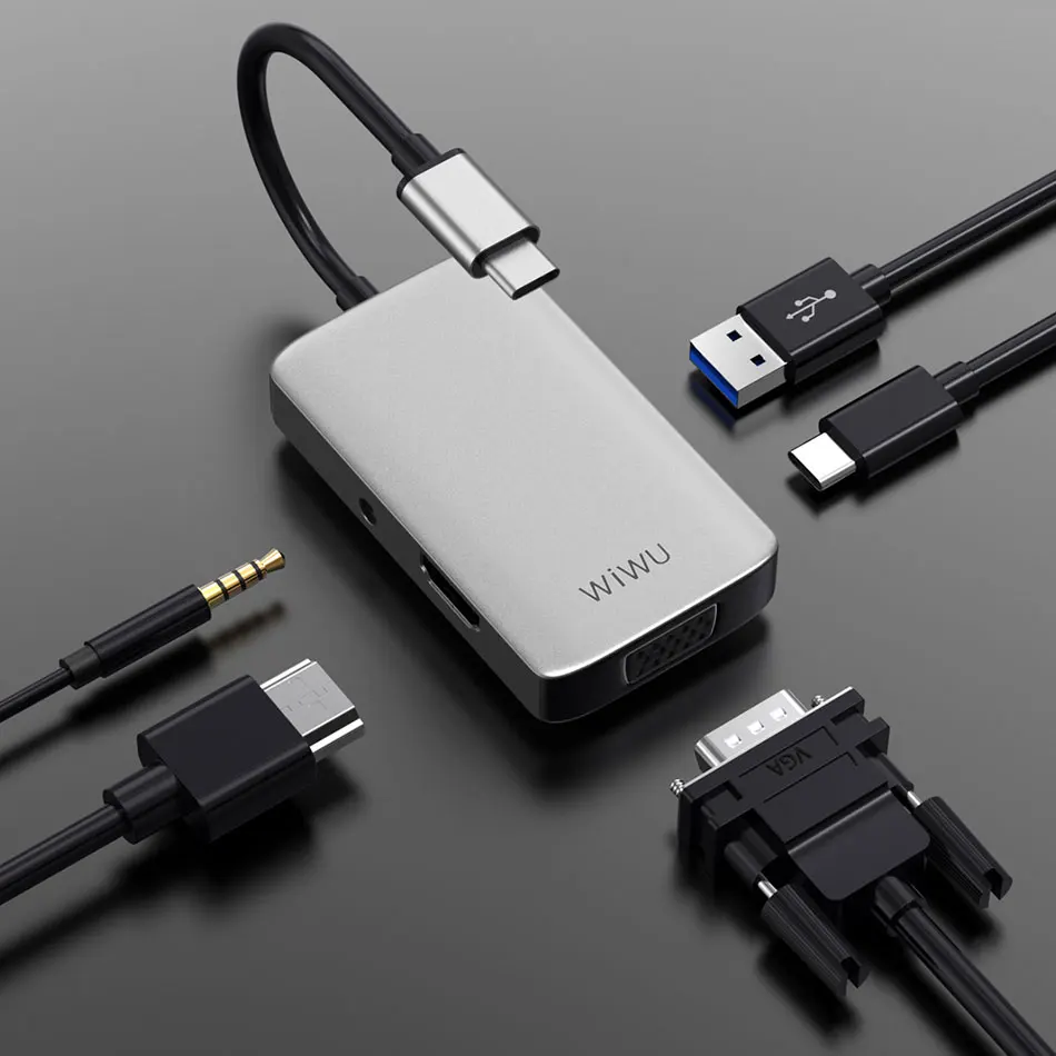 WIWU 5 в 1 usb-хаб с несколькими портами VGA HDMI адаптер для MacBook Pro type C концентратор 3,5 мм аудио usb-разветвитель для samsung huawei usb-хаб
