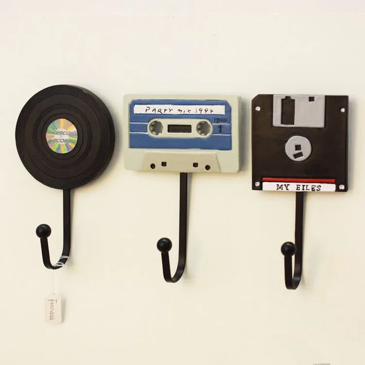 

3pcs/lot Tape Disc and CD design Wall Hook Iron Coat Hanger Hand-painted Resin Hook High Quality Key Hanger Home Decoration