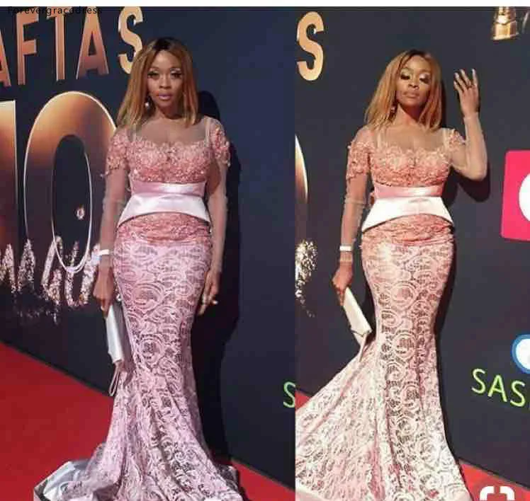 African Long Sleeves Mermaid Prom Dresses 2019 Sheer Neck Custom Made Pink Evening Gowns For Plus Size Celebrity Dress  135 (2)