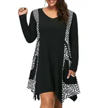 2019 New Yfashion Women Fashion Striped Print Stitching Irregular Hem V-neck Pocket Dress Large Size 2019 New Yfashion Women Fashion Striped Print Stitching Irregular Hem V-neck Pocket Dress Large Size