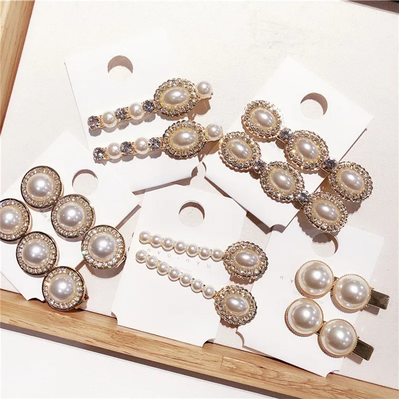 

Korea Vintage Imitiation Pearl Hairpins Hair Clips for Women Girls Flower Shape Rhinestones Hair Accessories Long Barrettes