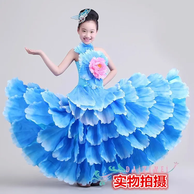 Испанская танцевальная юбка с лепестками детская сценическая одежда Детские костюмы для девочек, открытая танцевальная большая юбка - Цвет: 360