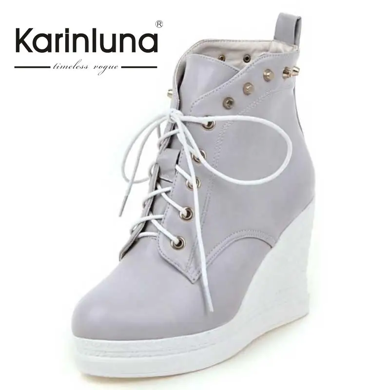 

KarinLuna Rivets Solid Women Ankle Boots Lace Up Wedges Heels Casual Shoes 4 Colors Round Toe Platform Shoes Autumn Winter Boots