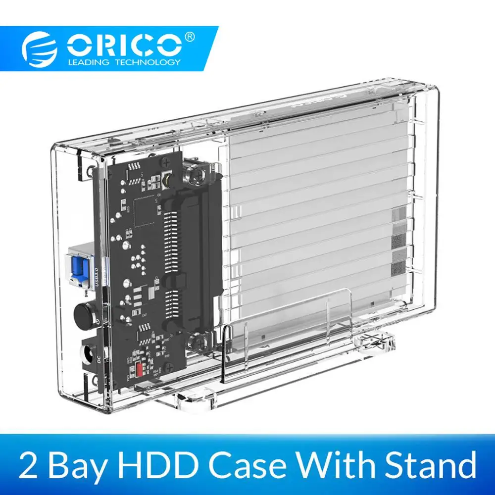 ORICO 2 Bay 2,5 ''прозрачный жесткий диск SATA для USB 3,0 HDD Чехол Поддержка UASP для 7-9,5 мм HDD SSD с адаптером 5V2A