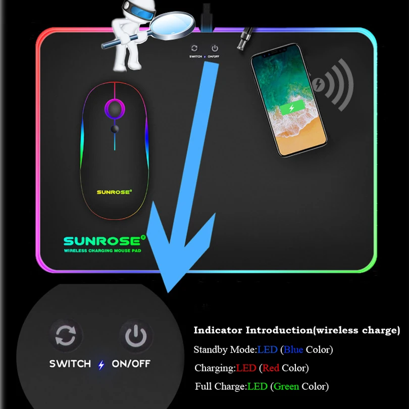 Игровой коврик для мыши со светодиодной RGB подсветкой и функцией беспроводного
