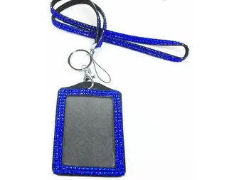 

Blue Color Bling Crystal Rhinestone Lanyard Vertical ID Card Badge Holder Neck Strap 1pcs Company Office Supplies
