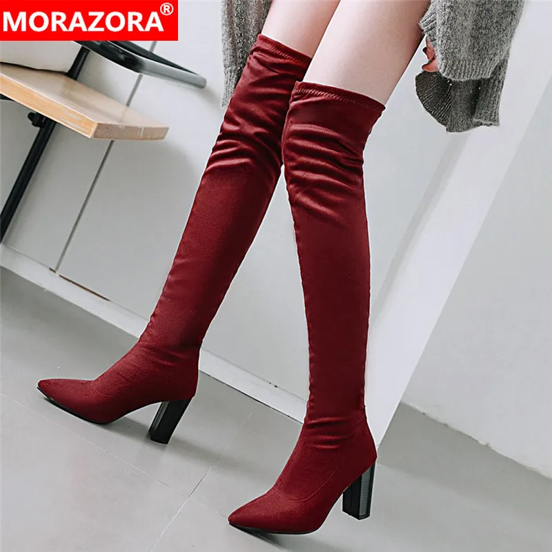 

MORAZORA Plus size 33-43 New women boots thick high heels stretch over the knee boots fashion ladies thigh high boots female