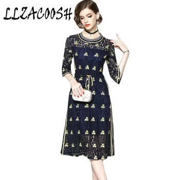 

Autumn New fashion Flowers Lace Embroidery Dress For Women High Quality O-Neck Half Sleeve casual Slim party Dresses