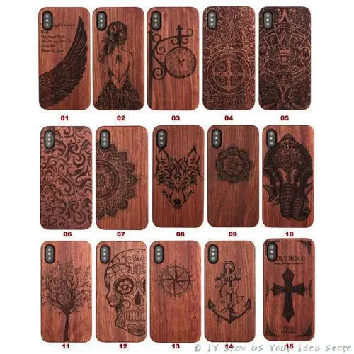 

Wholesales Luxury 15 Engraved Pattern Natural Wooden Wood Case + PC Material Cover For iPhone For Samsung