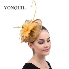 Золото Fascinators с перьями и Винтаж головной убор с пером элегантные дамы день церкви вечерние Hat Свадьба волосы невесты Аксессуары