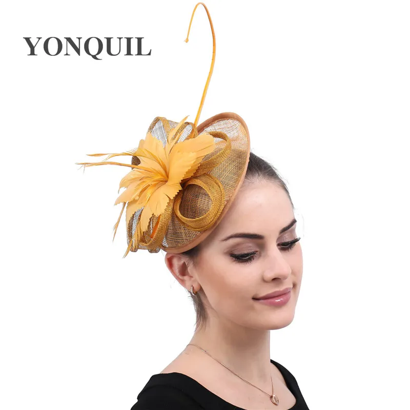 

Gold Fascinators with Feathers and Vintage Feather Headpiece Elegant ladies day Church Party Hat Wedding Brides Hair Accessories