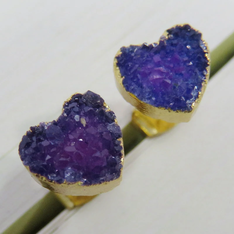 

HanKun Gold Color Mini Heart Shape Natural Agates Tiny Drusy Druzy Stud Earrings