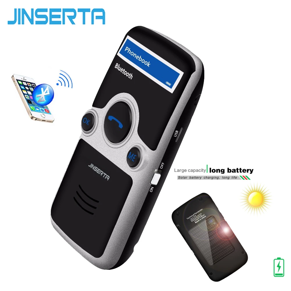 JINSERTA A6 Solar Bluetooth handsfree car kit FM Stereo Transmitter Multi Language LED Display Bluetooth Speaker Speakerphone