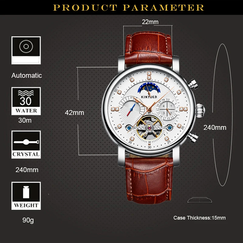 KINYUED Moon Phase Top marca para hombre relojes mecánicos automático Tourbillon Esqueleto reloj hombres calendario reloj Masculino dropship - 2