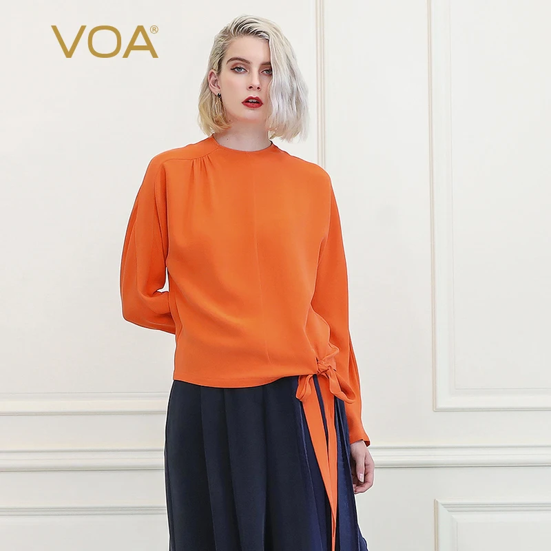 

VOA Orange Office Ladies Work Heavy Silk T Shirt Fall Long Sleeve Pullover Ribbons Belt Bow Clothes Solid Basic Women Tee B865