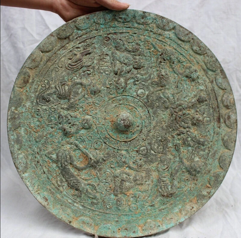 

JP S0270 15" Folk Chinese Old Culture Dynasty Palace Bronze Dragon Buddha Statue Mirror