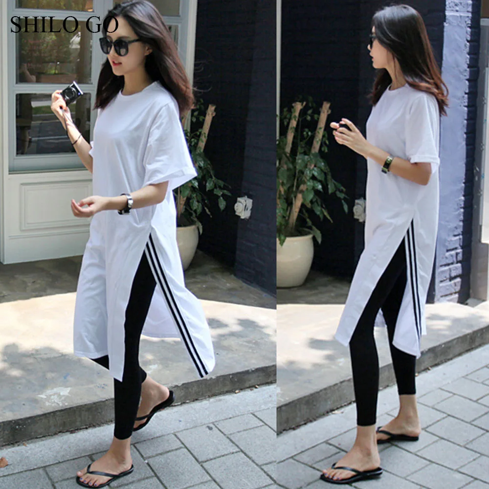 

SHILO GO Dress Womens Summer Fashion Concise Casual O Neck half sleeve dress casual loose side open up long dress white