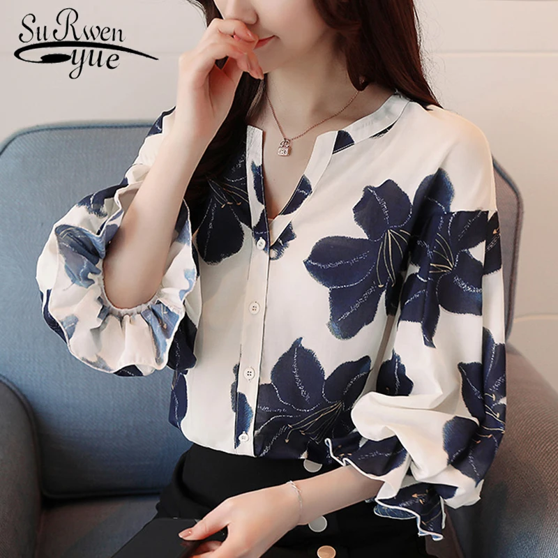 En Ligne Casual imprimé floral v cou OL blouse femmes tops mode femme blouses 2018 en mousseline de soie blouse chemise blusa feminina chemise 0964 40