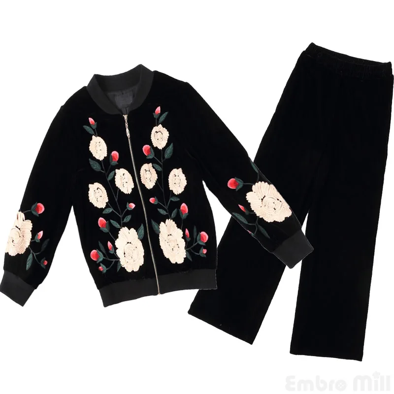 Schwarze High End M Floral Set Anzug Vintage Set L Jacke Samt Stickerei Elegante 4xl Hosen Blumen ssig Frauen Top Dame zSpqUVM