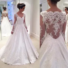 Robe de Mariage V-Neck Wedding Gowns with Long Sleeves Bride Dress Vestido de Noiva White Lace Wedding Dresses for Bridal 2017