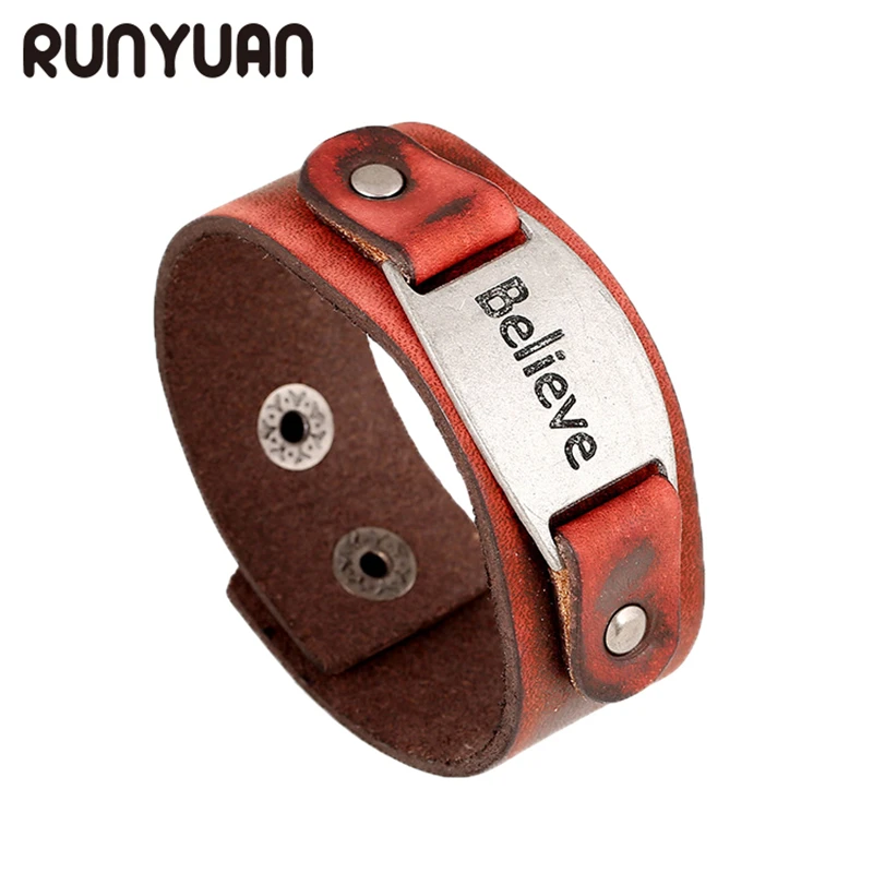 RUNYUAN Wide Leather Cuff Wrap Bangles Punk Rock Vintage Mens Bracelets Believe Alloy Card Statement Bracelet Leisure Jewelry | Украшения и