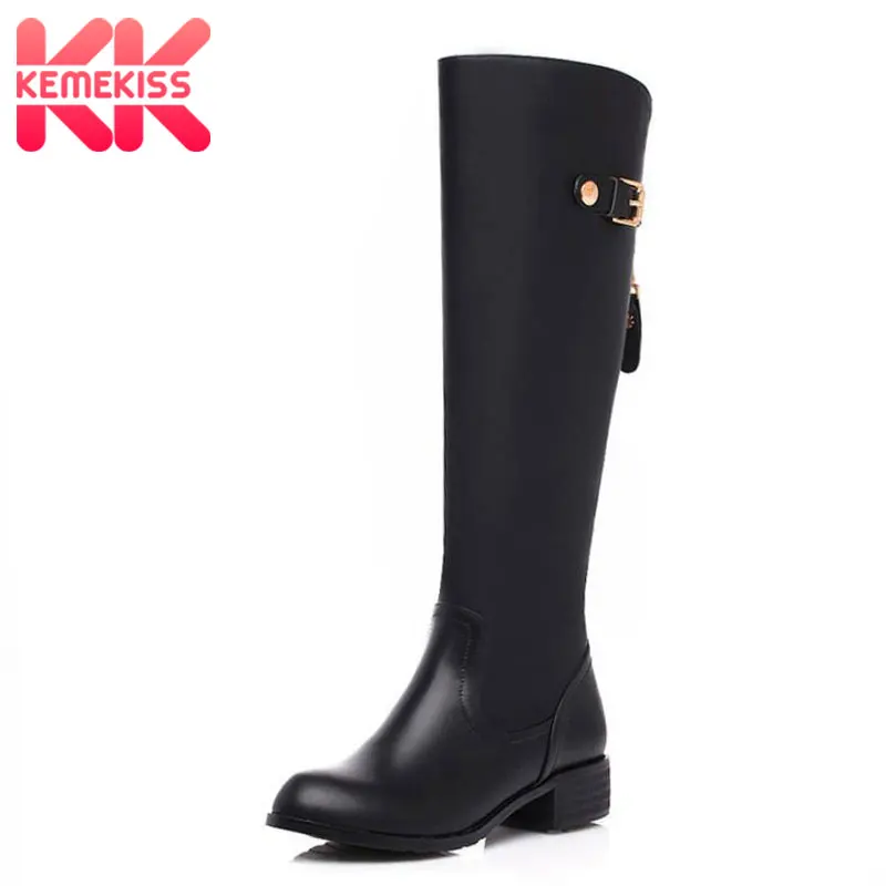 

KemeKiss Women Real Genuine Leather Round Toe Knee Boots Woman Low Heel Knight Boot Female Zipper Flat Shoes Size 33-46