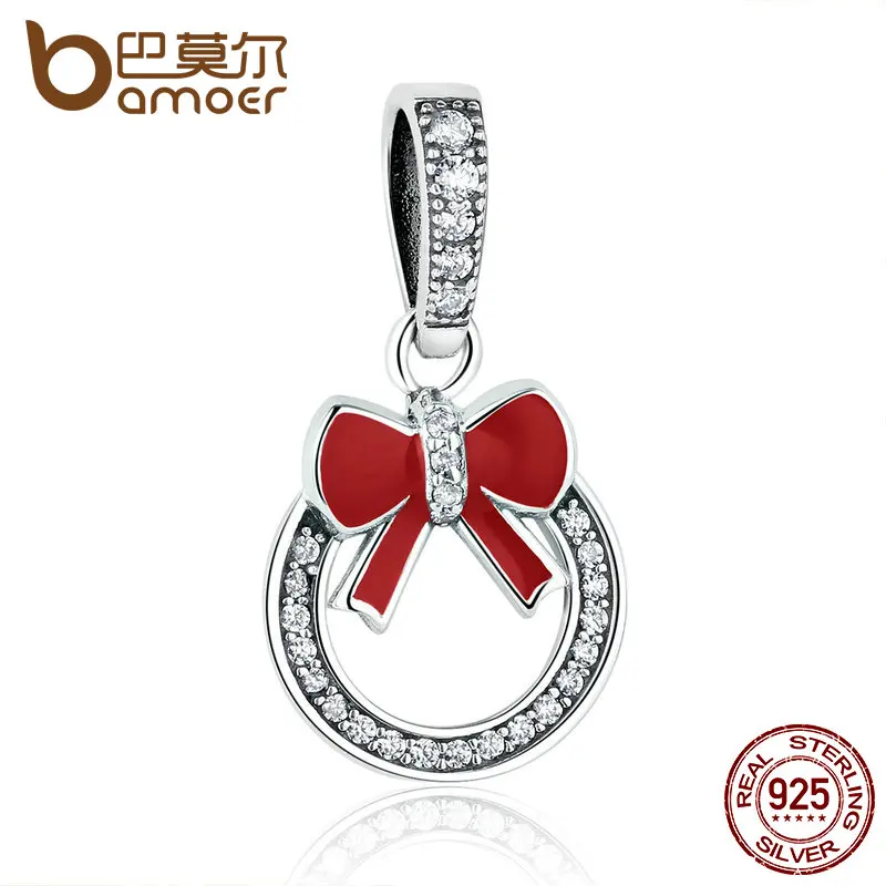 BAMOER Christmas Gift 925 Sterling Silver Christmas Wreath Red Bow Knot Pendant Charms fit Women Bracelets Fine Jewelry SCC077